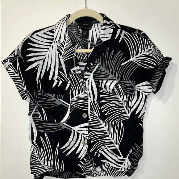 Tahari Piece Linen Black and White Leaf Print Shirt and Pant Set NWT